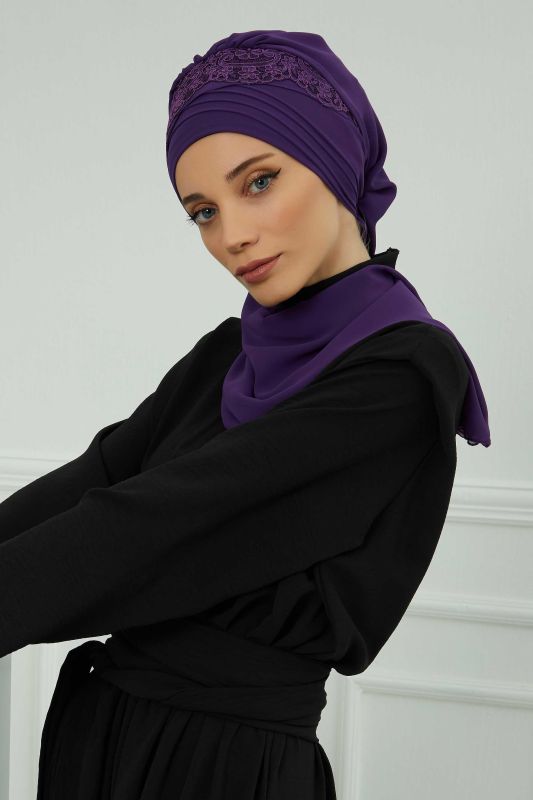 Dantel Aksesuarlı Fularlı Şifon Hazır Türban,HT-53,HT-53 Mor - 2