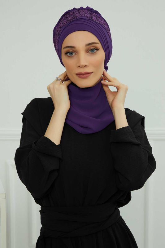 Dantel Aksesuarlı Fularlı Şifon Hazır Türban,HT-53,HT-53 Mor - 3