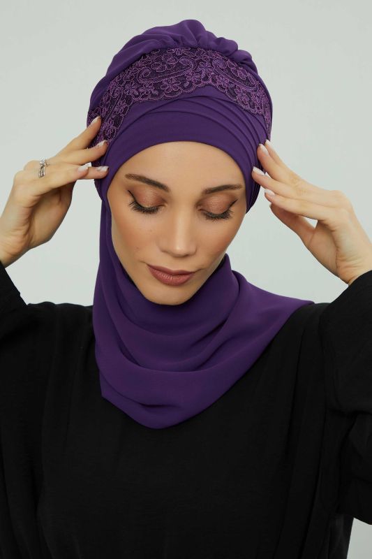 Dantel Aksesuarlı Fularlı Şifon Hazır Türban,HT-53,HT-53 Mor - 5