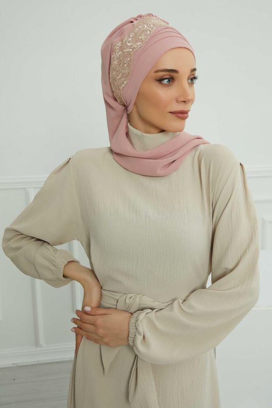 Dantel Aksesuarlı Fularlı Şifon Hazır Türban,HT-53,HT-53 Pudra - 2