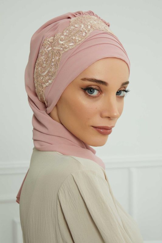 Dantel Aksesuarlı Fularlı Şifon Hazır Türban,HT-53,HT-53 Pudra - 6