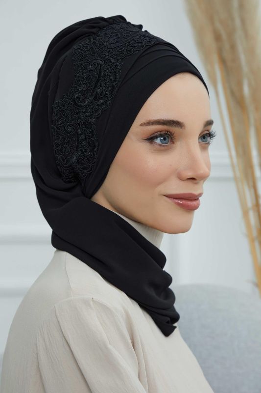 Dantel Aksesuarlı Fularlı Şifon Hazır Türban,HT-53,HT-53 Siyah - 6