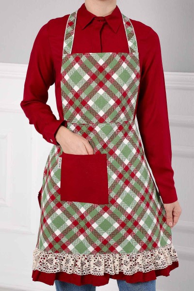 Moda Çizgi - Dantel Detaylı Mutfak Önlüğü,MO-1 Ekose Desen - Koyu Bordo