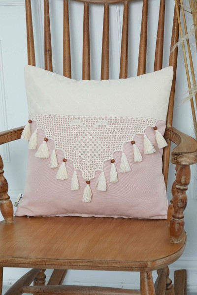 Moda Çizgi - Tasseled Throw Pillow Cover with Lace Detail, K-281 Cream - Light Powder