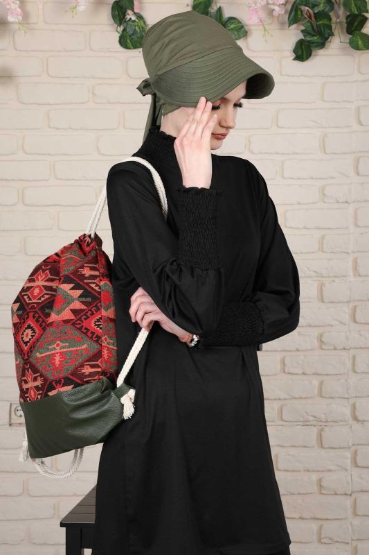 Deri Detaylı Etnik Desenli Sırt Çantası,CS-4 Kilim 1 Desen - Petrol Yeşili - 3