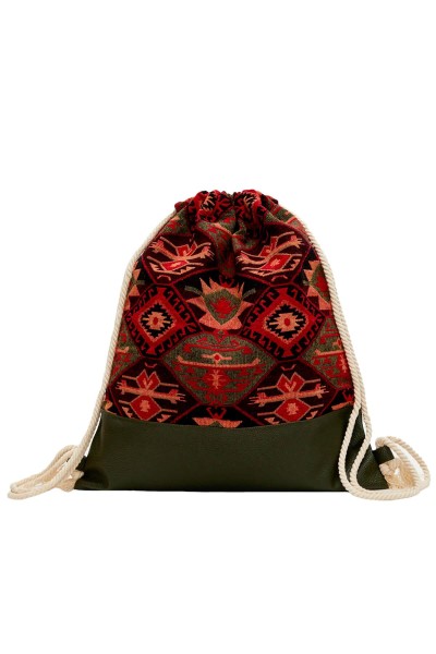 Moda Çizgi - Deri Detaylı Etnik Desenli Sırt Çantası,CS-4 Kilim 1 Desen - Petrol Yeşili