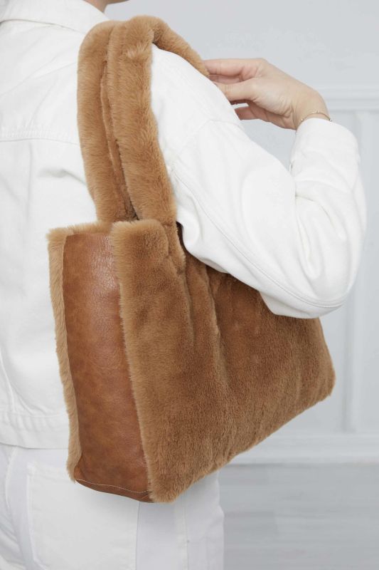 Deri Detaylı Mıknatıslı Peluş Çanta,CK-44 Açık Kahve - Kahverengi - 6