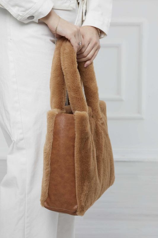 Deri Detaylı Mıknatıslı Peluş Çanta,CK-44 Açık Kahve - Kahverengi - 7
