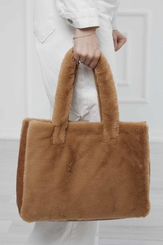 Deri Detaylı Mıknatıslı Peluş Çanta,CK-44 Açık Kahve - Kahverengi - 8