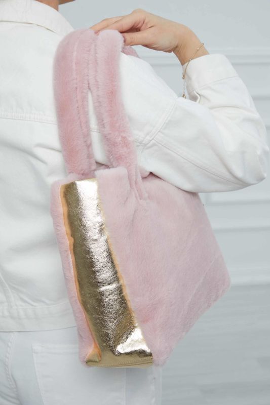 Deri Detaylı Mıknatıslı Peluş Çanta,CK-44 Pudra - Koyu Gold - 3