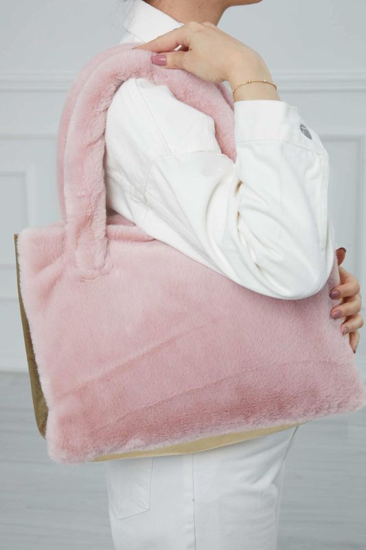 Deri Detaylı Mıknatıslı Peluş Çanta,CK-44 Pudra - Koyu Gold - 4