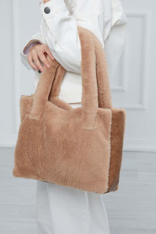 Deri Detaylı Mıknatıslı Peluş Çanta,CK-44 Sütlü Kahve - Açık Kahverengi - 1