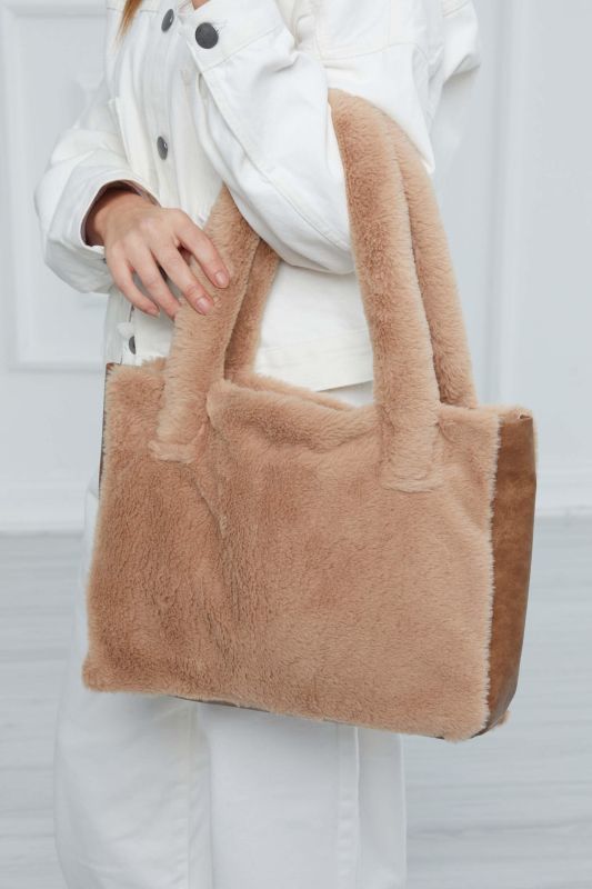 Deri Detaylı Mıknatıslı Peluş Çanta,CK-44 Sütlü Kahve - Açık Kahverengi - 2