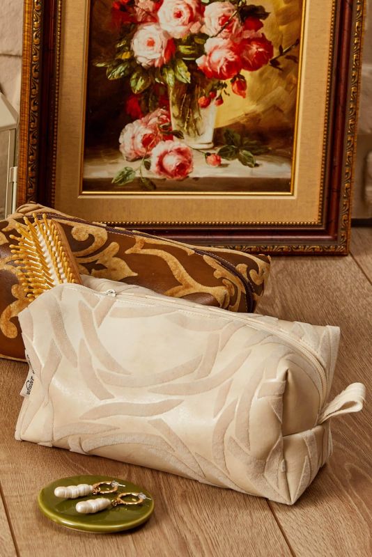 Leather Makeup Bag,CM-1 Cream - Velvet Pattern - 1