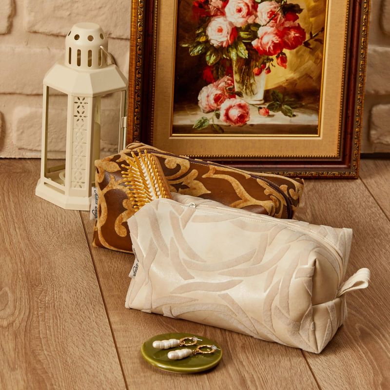 Leather Makeup Bag,CM-1 Cream - Velvet Pattern - 4