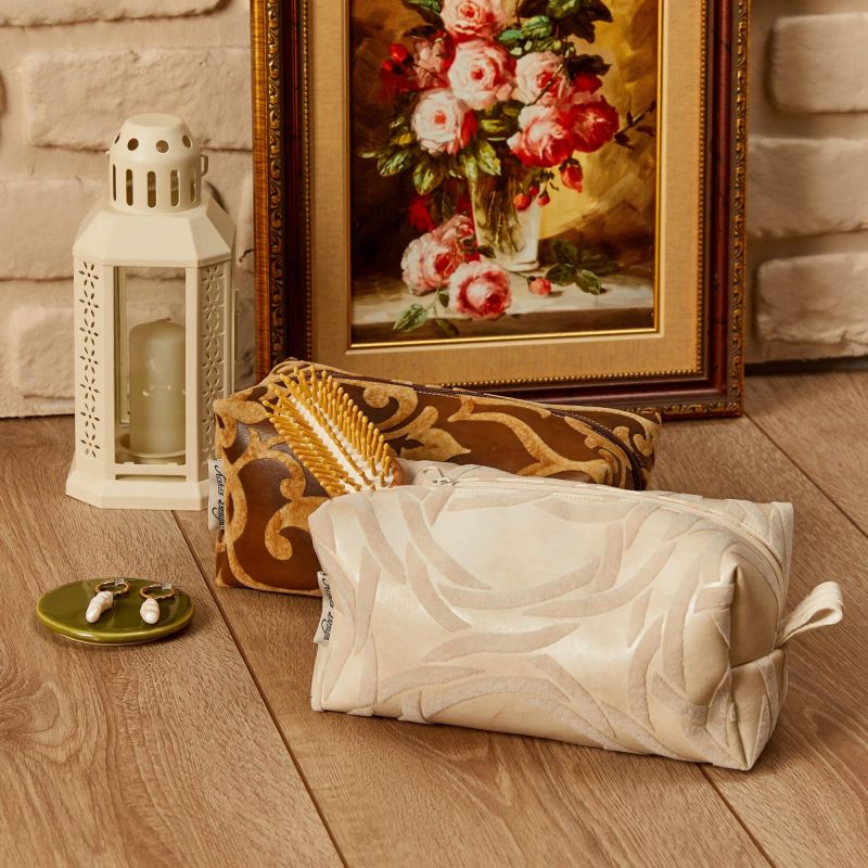Leather Makeup Bag,CM-1 Cream - Velvet Pattern - 5