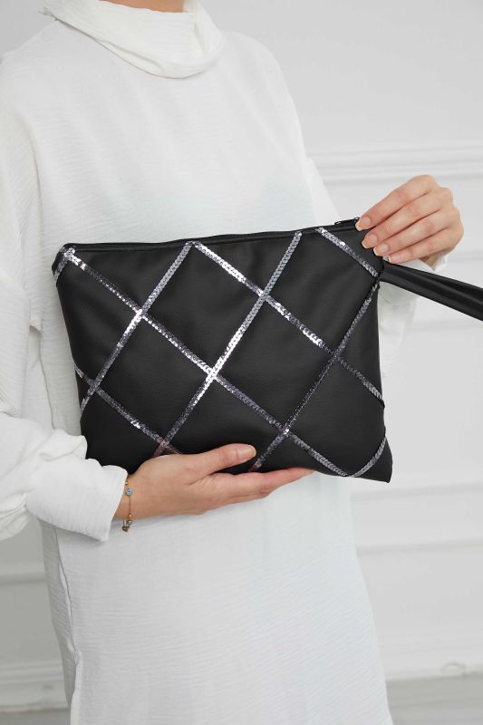 Leather Sequin Quilted Handbag,CE-13 Black - 1