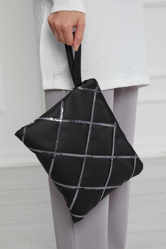 Leather Sequin Quilted Handbag,CE-13 Black - 2