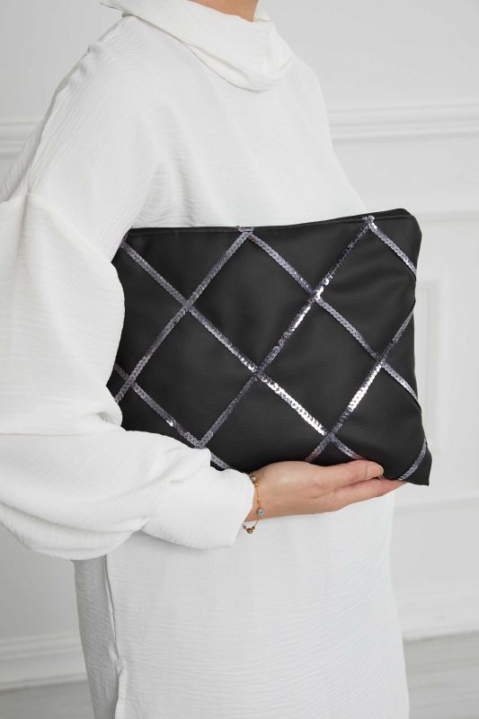 Leather Sequin Quilted Handbag,CE-13 Black - 3