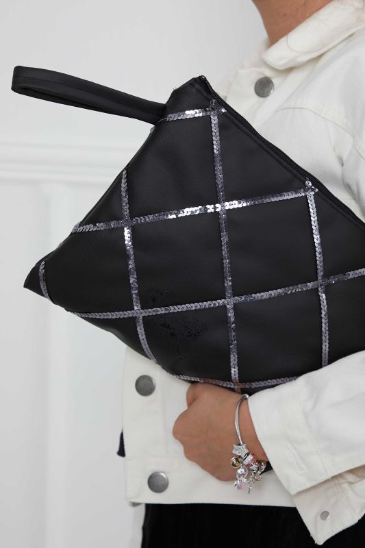 Leather Sequin Quilted Handbag,CE-13 Black - 4