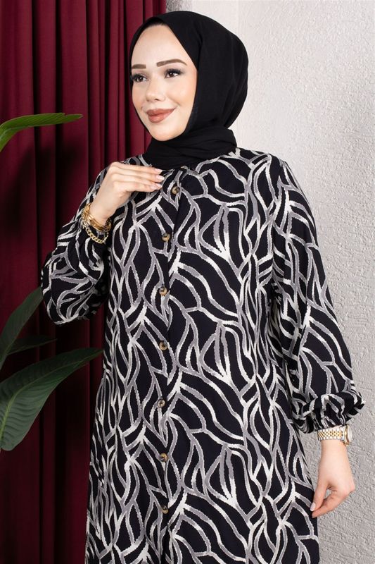 Desenli Boydan Düğmeli Tunik SİYAH - 3