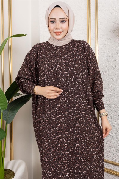 Desenli Bürümcük Elbise KAHVERENGİ - Thumbnail