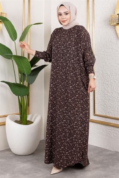 Desenli Bürümcük Elbise KAHVERENGİ - Thumbnail