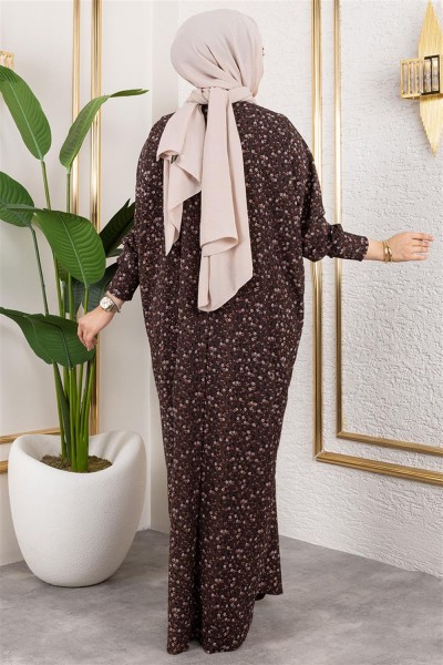 Desenli Bürümcük Elbise KAHVERENGİ - Thumbnail