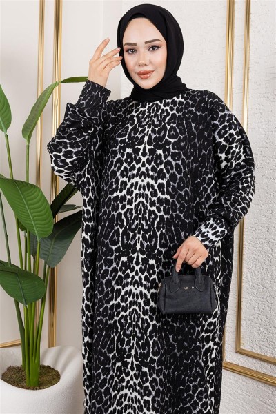 Desenli Bürümcük Elbise SİYAH BEYAZ - Thumbnail