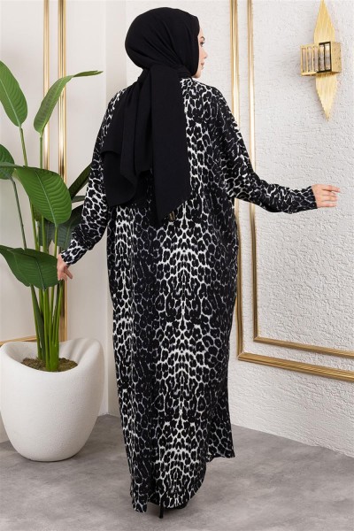 Desenli Bürümcük Elbise SİYAH BEYAZ - Thumbnail