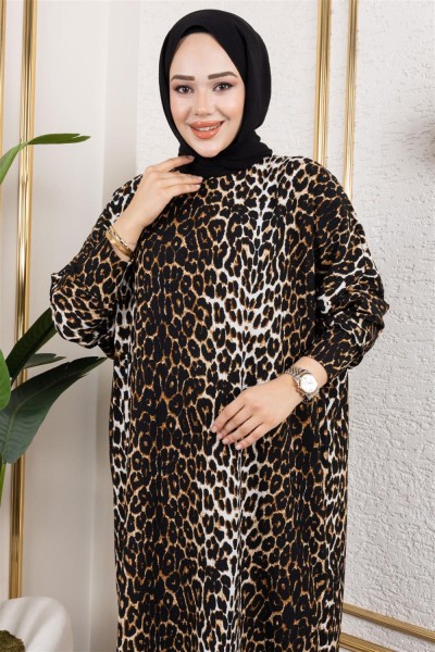 Desenli Bürümcük Elbise SİYAH TABA - Thumbnail