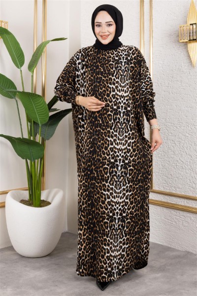 Desenli Bürümcük Elbise SİYAH TABA - Thumbnail