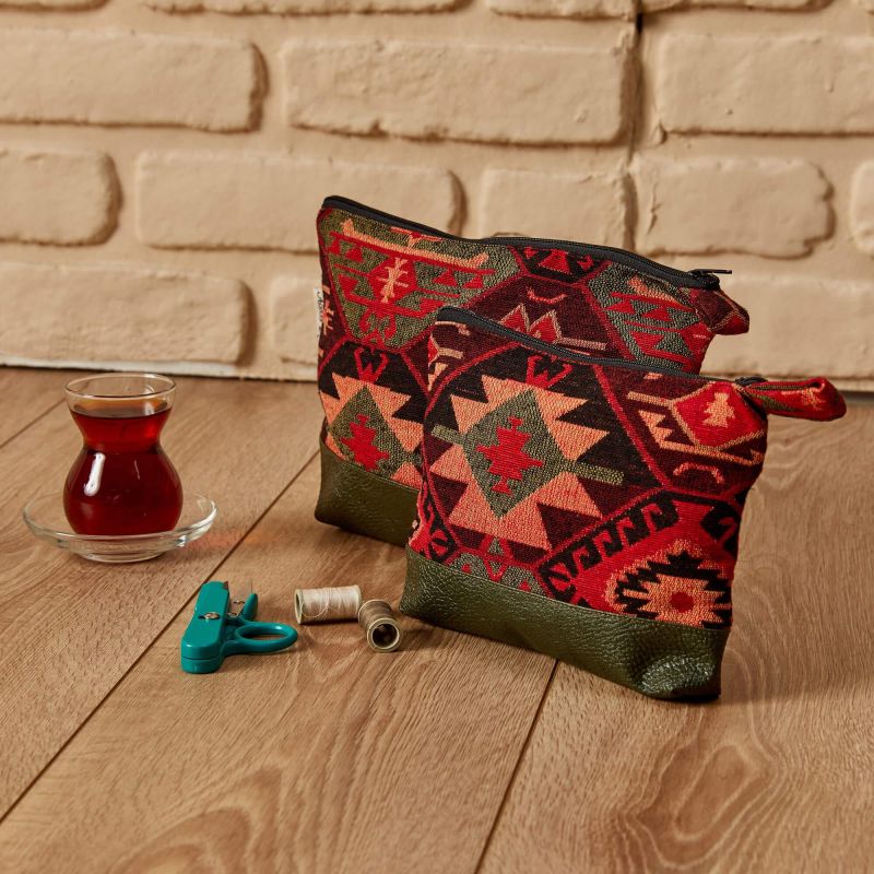 Desenli Deri Detay El Çantası Küçük,CMK-4A Kilim 1 Desen - Petrol Yeşili - 3