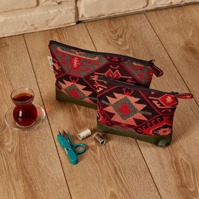 Desenli Deri Detay El Çantası Küçük,CMK-4A Kilim 1 Desen - Petrol Yeşili - 4