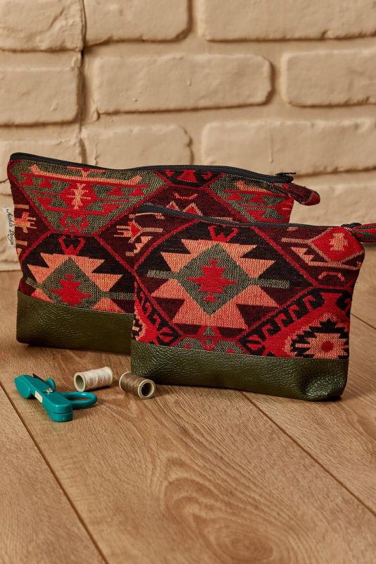 Desenli Deri Detay El Çantası Küçük,CMK-4A Kilim 1 Desen - Petrol Yeşili - 5