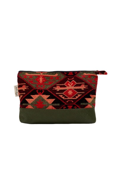 Moda Çizgi - Desenli Deri Detay El Çantası Küçük,CMK-4A Kilim 1 Desen - Petrol Yeşili