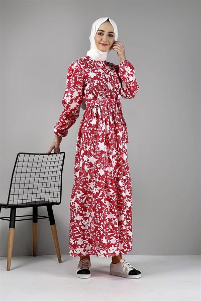 Desenli Elbise KIRMIZI - Thumbnail