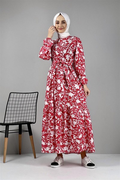 Desenli Elbise KIRMIZI - Thumbnail
