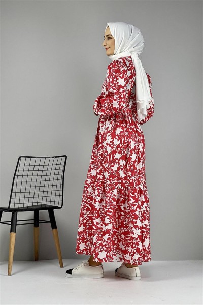 Desenli Elbise KIRMIZI - Thumbnail