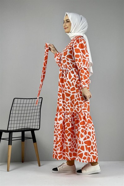 Desenli Elbise ORANJ - Thumbnail