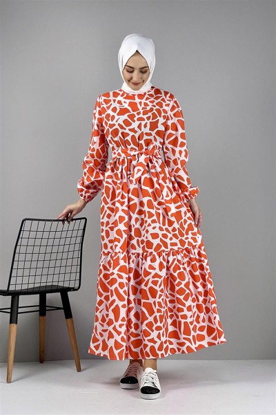 Desenli Elbise ORANJ - Thumbnail