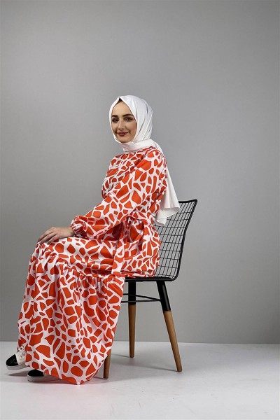 Desenli Elbise ORANJ - Thumbnail