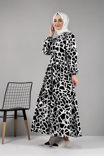 Desenli Elbise SİYAH - Thumbnail