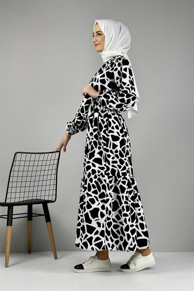 Desenli Elbise SİYAH - Thumbnail