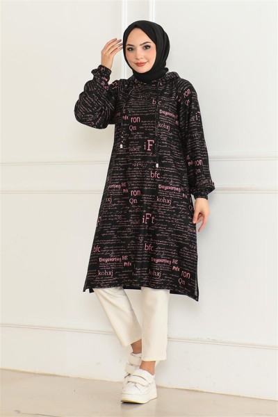 Desenli Kapşonlu Spor Tunik GÜLKURUSU SİYAH - Thumbnail