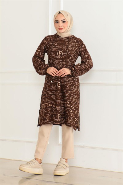 DVL - Desenli Kapşonlu Spor Tunik KAHVE VİZON