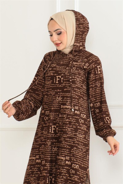 Desenli Kapşonlu Spor Tunik KAHVE VİZON - Thumbnail