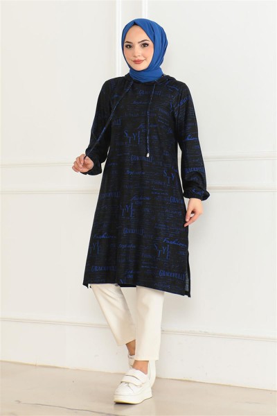 DVL - Desenli Kapşonlu Spor Tunik SAKS MAVİSİ SİYAH