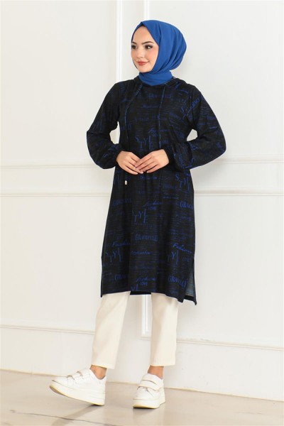 Desenli Kapşonlu Spor Tunik SAKS MAVİSİ SİYAH - Thumbnail