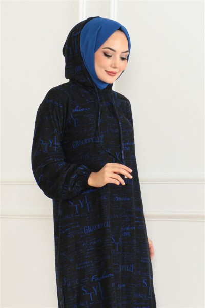 Desenli Kapşonlu Spor Tunik SAKS MAVİSİ SİYAH - Thumbnail